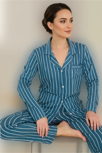 Bravie Luxury Viscose Petrol Mavi Çizgili Kadın Uzun Kollu Pijama Takımı – 42552 - 4