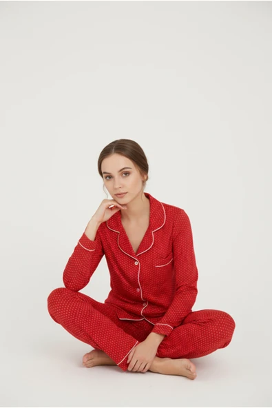 Bravie Luxury Viscose Kırmızı Puantiye Desenli Kadın Uzun Kollu Pijama Takımı – 42563 - 5