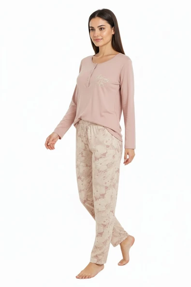 Bravie Üstü Yazılı Altı Çiçek Desenli Elite Viscose Uzun Pijama Takımı Pudra 3564 - 2