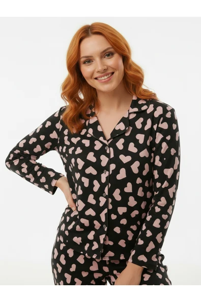 Bravie Süet Gömlek Pijama Takımı 7103 Kalpli Siyah - 5