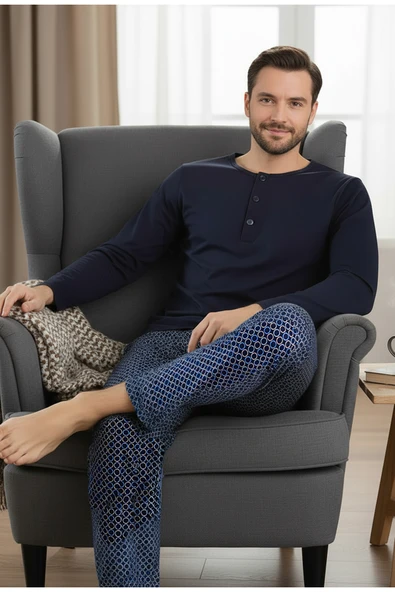 Bravie Yakası Düğmeli %100 Pamuk Erkek Penye Pijama Takımı 9705 Koyu Lacivert - 2