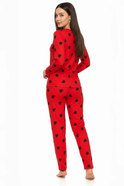 Bravie Bisiklet Yaka Süet Kırmızı Pijama Takımı 6010 Siyah Kalpli - 5