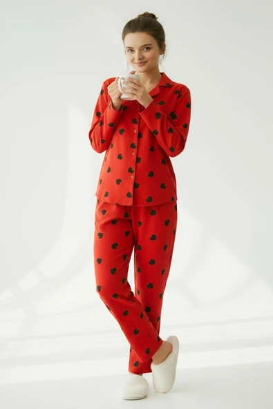 Bravie Süet Gömlek Pijama Takımı 7107 Kalpli Kırmızı - 7