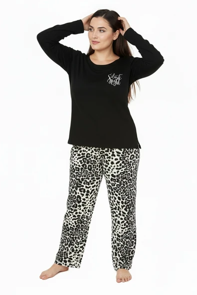 Bravie Üstü Yazılı Altı Leopar Desenli Elite Viscose Uzun Büyük Beden Pijama Takımı Siyah 3588 - 3