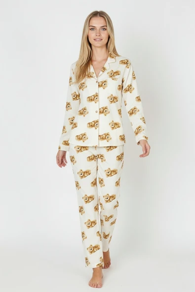 Bravie Luxury Soft Ekru Ayıcık Desenli Uzun Kollu Kadın Pijama Takımı – 3041 - 4