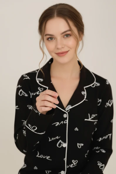 Bravie Luxury Viscose Siyah Love ve Kalp Desenli Kadın Uzun Kollu Pijama Takımı – 42572 - 2
