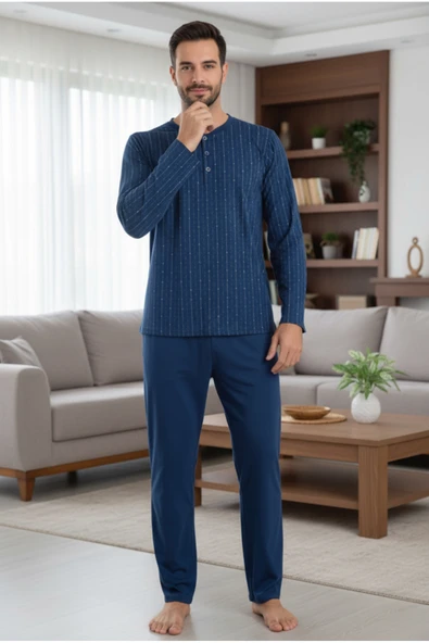 Bravie Yakası Düğmeli %100 Pamuk Erkek Penye Pijama Takımı 9711 Lacivert