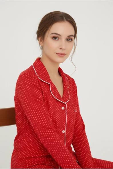 Bravie Luxury Viscose Kırmızı Puantiye Desenli Kadın Uzun Kollu Pijama Takımı – 42563 - 3