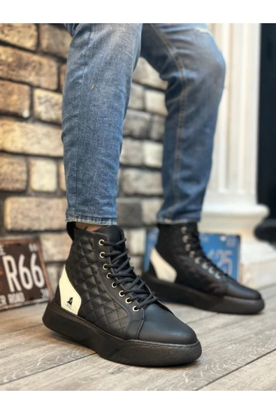 Erkek Yüksek Rahat Taban Spor Bot, Kapitone Desenli Siyah Beyaz, Günlük Rahat Bağcıklı Bot Tarz0159 - Resim 3