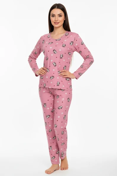 Bravie Bisiklet Yaka Süet Pijama Takımı 6008 Penguen Pembe - 2