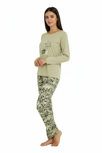 Bravie Üstü Yazılı Altı Yaprak Desenli Elite Viscose Pijama Takımı Uzun Yeşil 3559 - 2