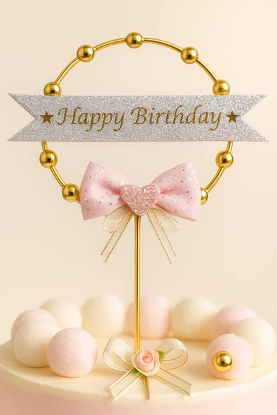 Altın Halkalı Happy Birthday Pasta Süsü – Gümüş Simli & Çiçekli Fiyonklu Doğum Günü Dekoru - Resim 3