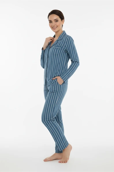 Bravie Luxury Viscose Petrol Mavi Çizgili Kadın Uzun Kollu Pijama Takımı – 42552 - 2