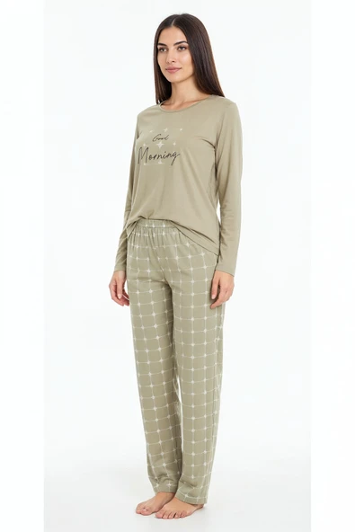Bravie Üstü Yazılı Altı Kare Desenli Elite Viscose Uzun Pijama Takımı Yeşil 3554 - 3