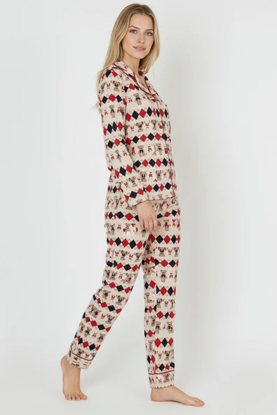 Bravie Luxury Soft Ekru Desenli Uzun Kollu Kadın Pijama Takımı – 3028 - 2