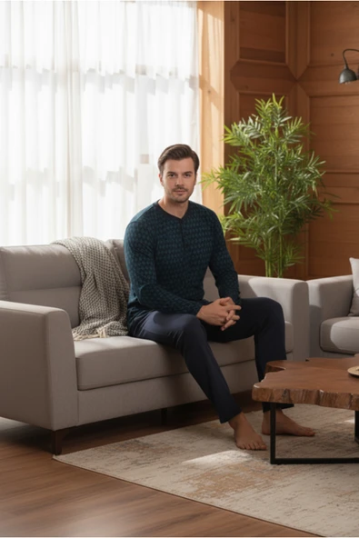 Bravie Yakası Düğmeli %100 Pamuk Erkek Penye Pijama Takımı 9710 Koyu Yeşil - 5