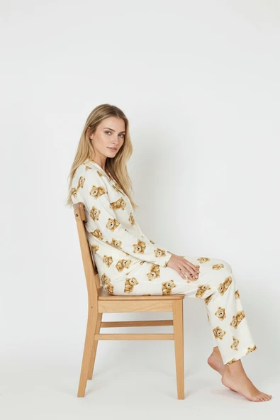 Bravie Luxury Soft Ekru Ayıcık Desenli Uzun Kollu Kadın Pijama Takımı – 3041 - 2