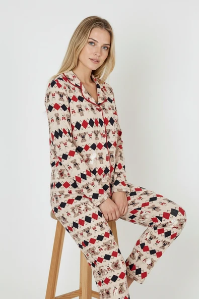 Bravie Luxury Soft Ekru Desenli Uzun Kollu Kadın Pijama Takımı – 3028