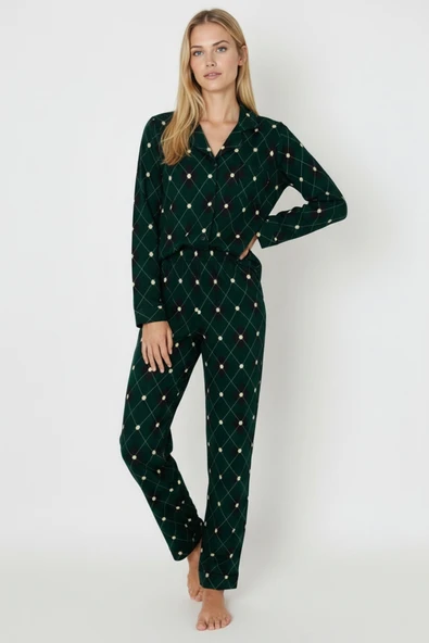 Bravie Luxury Soft Yeşil Ekose Desenli Uzun Kollu Kadın Pijama Takımı – 3045 - 2
