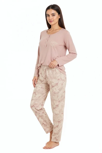 Bravie Üstü Yazılı Altı Çiçek Desenli Elite Viscose Uzun Pijama Takımı Pudra 3564 - 3
