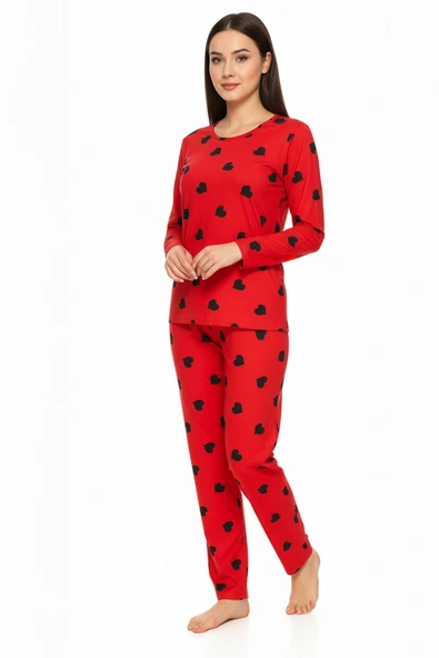 Bravie Bisiklet Yaka Süet Kırmızı Pijama Takımı 6010 Siyah Kalpli - 3