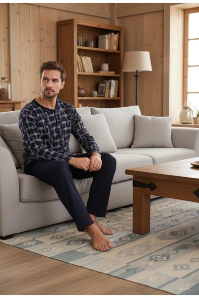 Bravie Yakası Düğmeli %100 Pamuk Erkek Penye Pijama Takımı 9709 Koyu Desenli - 4
