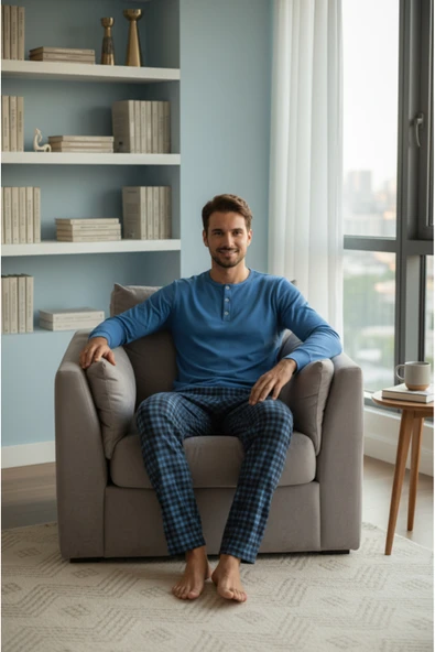 Bravie Luxury Thermal Erkek Pijama Takımı 9744 Mavi - 3