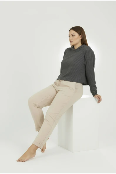 Bravie Duble Paça Büyük Beden Eşofman Altı Bej 2020 - 5