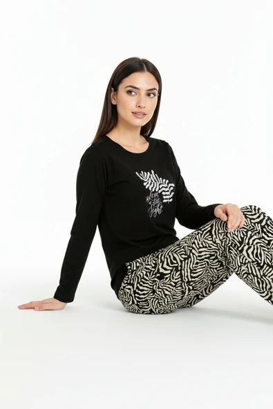 Bravie Üstü Yazılı Altı Desenli Elite Viscose Uzun Pijama Takımı Siyah 3557 - 5