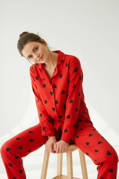 Bravie Süet Gömlek Pijama Takımı 7107 Kalpli Kırmızı