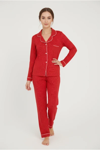 Bravie Luxury Viscose Kırmızı Puantiye Desenli Kadın Uzun Kollu Pijama Takımı – 42563 - 4