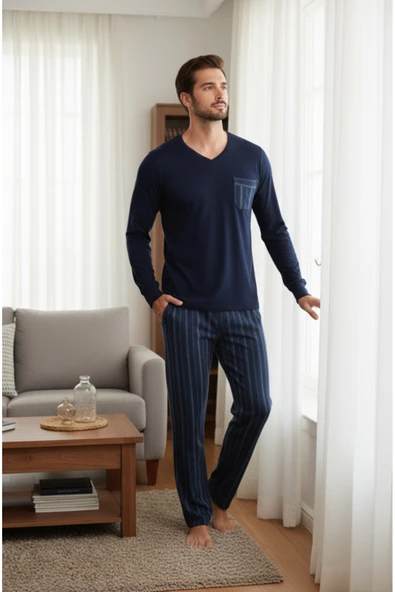 Bravie Luxury Thermal Erkek Pijama Takımı 9746 Lacivert - 4