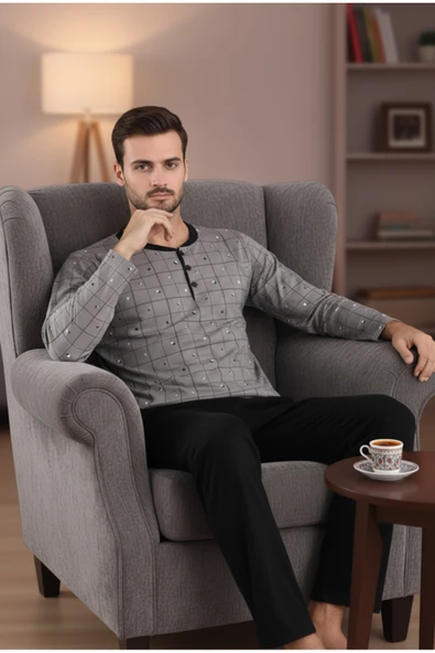 Bravie Yakası Düğmeli %100 Pamuk Erkek Penye Pijama Takımı 9718 Gri - 4