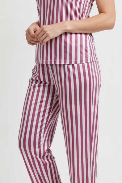 Bravie Altı Uzun İp Askılı Yumuşak Pembe Çizgili Pijama Takımı - 5