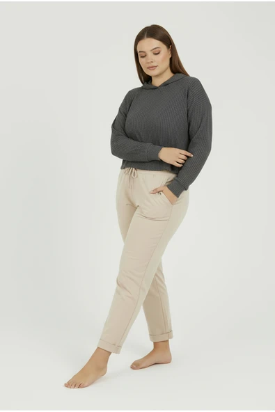 Bravie Duble Paça Büyük Beden Eşofman Altı Bej 2020 - 4