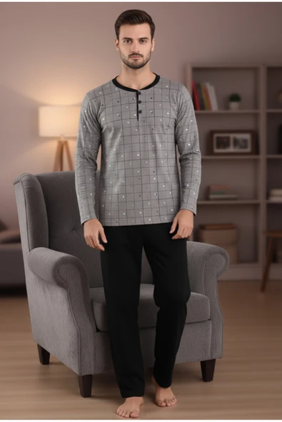 Bravie Yakası Düğmeli %100 Pamuk Erkek Penye Pijama Takımı 9718 Gri - 2