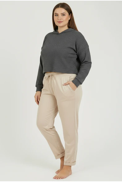 Bravie Duble Paça Büyük Beden Eşofman Altı Bej 2020