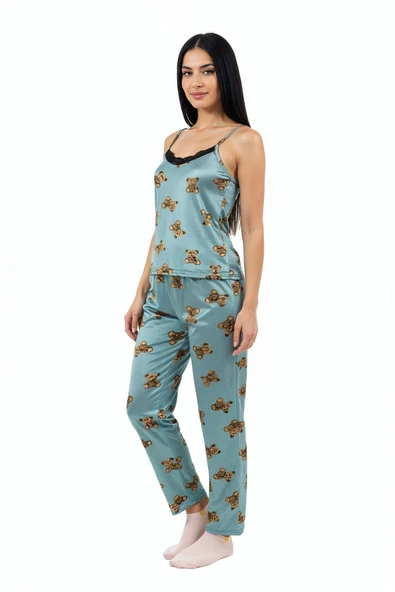 Bravie Altı Uzun Üstü Askılı Yumuşak Ayıcık Desenli Pijama Takımı