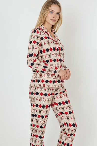 Bravie Luxury Soft Ekru Desenli Uzun Kollu Kadın Pijama Takımı – 3028 - 5