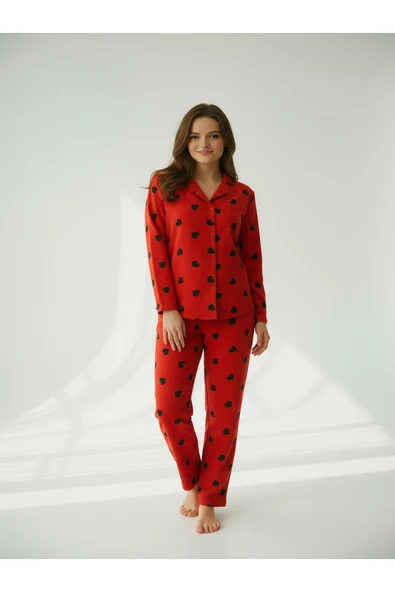 Bravie Süet Gömlek Pijama Takımı 7107 Kalpli Kırmızı - 4