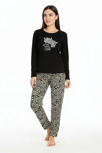 Bravie Üstü Yazılı Altı Desenli Elite Viscose Uzun Pijama Takımı Siyah 3557