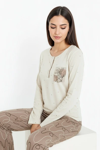 Bravie Üstü Puantiyeli Altı Çizgi Desenli Elite Viscose Uzun Pijama Takımı Krem 3569 - 4