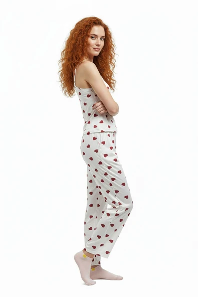 Bravie Altı Uzun Üstü Askılı Yumuşak Kırmızı Kalp Desenli Pijama Takımı Beyaz - 6