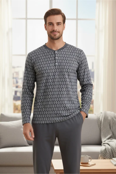 Bravie Yakası Düğmeli %100 Pamuk Erkek Penye Pijama Takımı 9702 Füme - 3