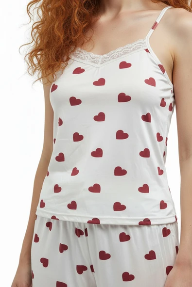 Bravie Altı Uzun Üstü Askılı Yumuşak Kırmızı Kalp Desenli Pijama Takımı Beyaz - 2