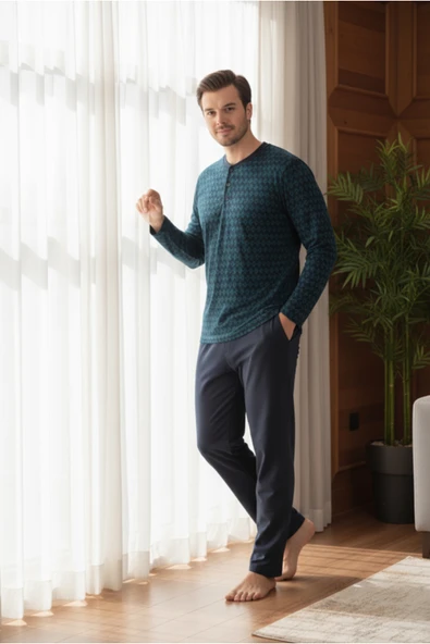 Bravie Yakası Düğmeli %100 Pamuk Erkek Penye Pijama Takımı 9710 Koyu Yeşil - 3