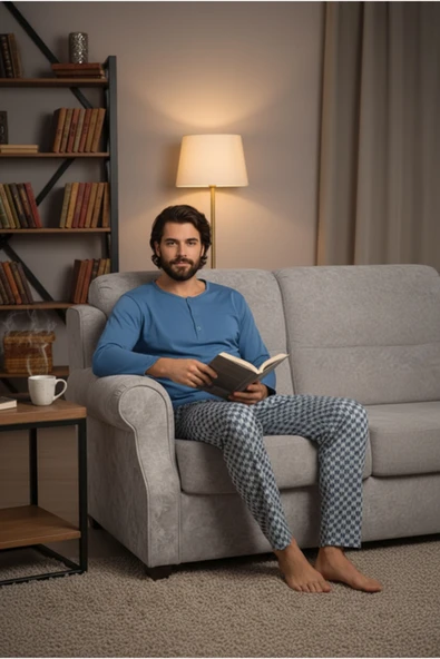 Bravie Yakası Düğmeli %100 Pamuk Erkek Penye Pijama Takımı 9703 Mavi - 5