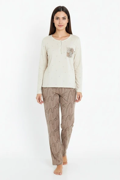 Bravie Üstü Puantiyeli Altı Çizgi Desenli Elite Viscose Uzun Pijama Takımı Krem 3569