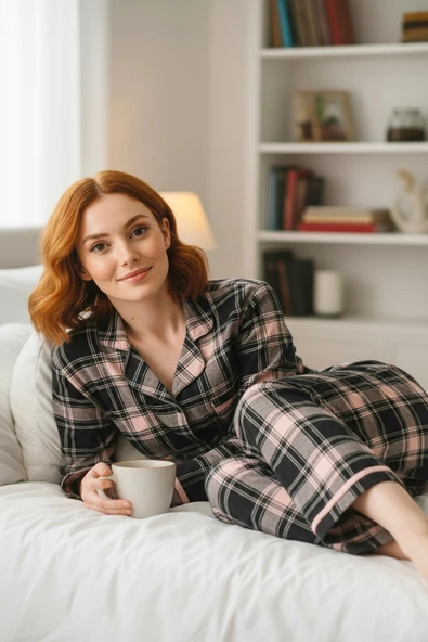 Bravie Süet Gömlek Pijama Takımı 7105 Ekoseli Antrasit - 5