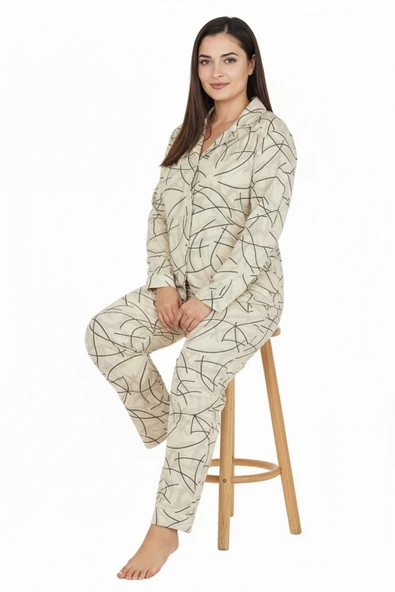 Bravie Luxury Soft Ekru Çizgi Desenli Uzun Kollu Kadın Pijama Takımı – Büyük Beden 3015 - 2